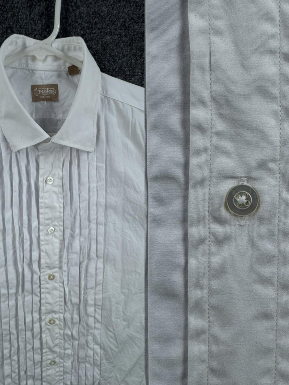 Gitman Bros Formal Pleated Placket Insert White French Cuff Mens USA 17.5 36